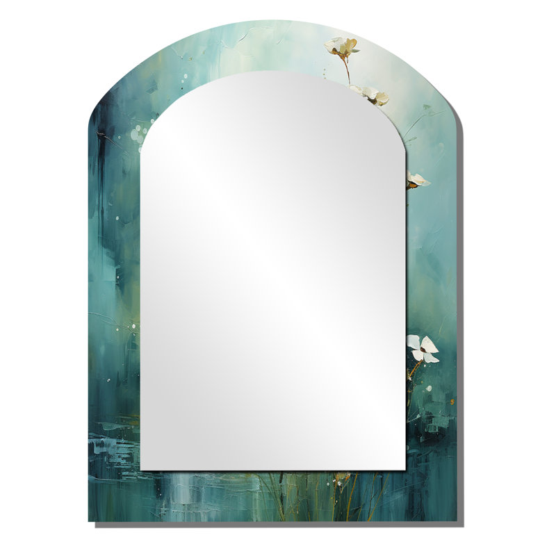 Miroir décoratif Misty Meadow IV - Paysages arqués, miroir mural asymétrique moderne, 34 po x 25 po
