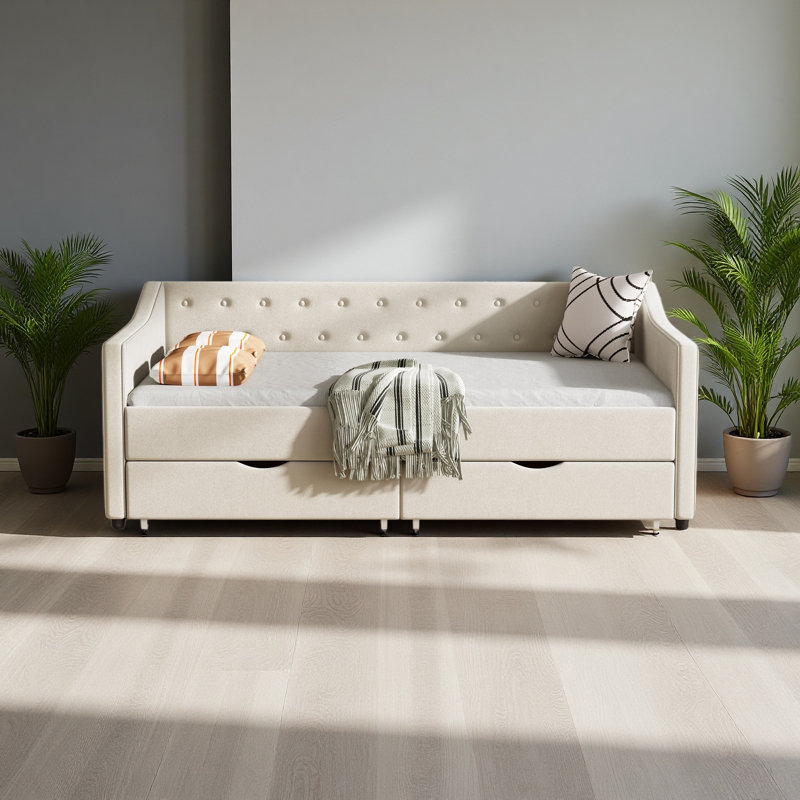 Lit de jour avec tiroirs, canapé-lit capitonné, avec boutons sur le dos et passepoil sur les accoudoirs ondulés, Lit simple