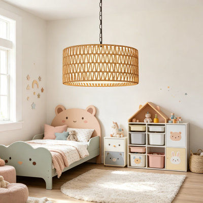 Height Adjustable Farmhouse Chandelier Light Fixture, Five-Light Rattan Boho Chandelier for Dining Room, Hand Woven Pendant Light with Linen Shade, Rustic Hanging Lighting for Kitchen Island