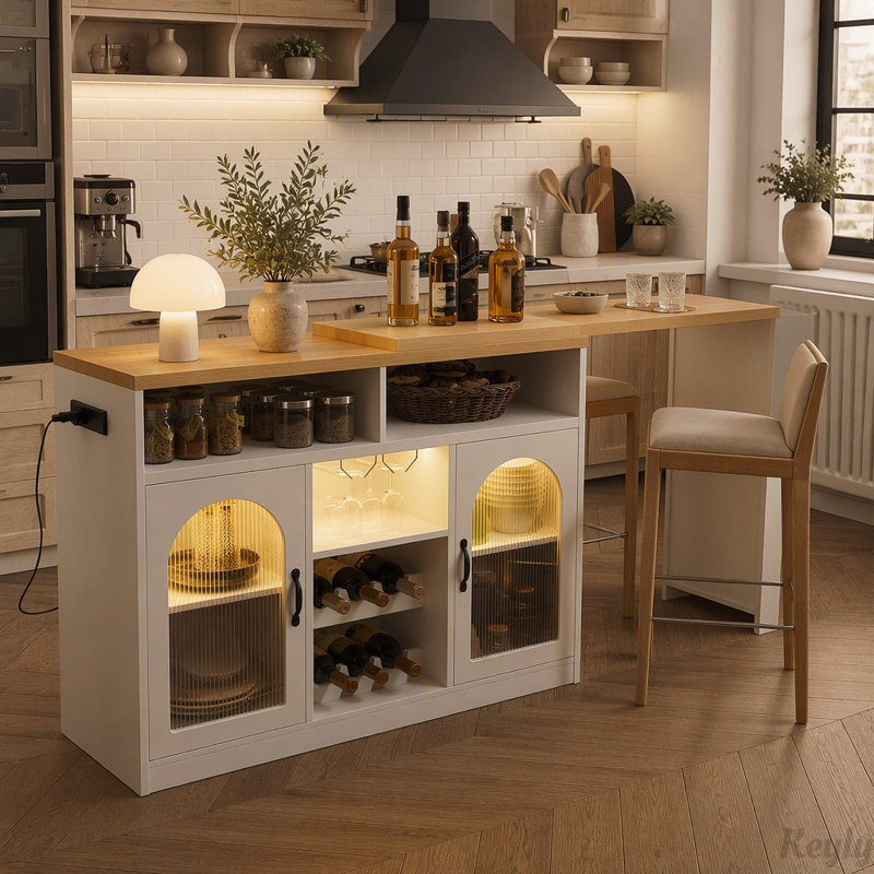 Chariot-bar mobile avec plateau de table extensible et éclairage DEL, Naturel + blanc