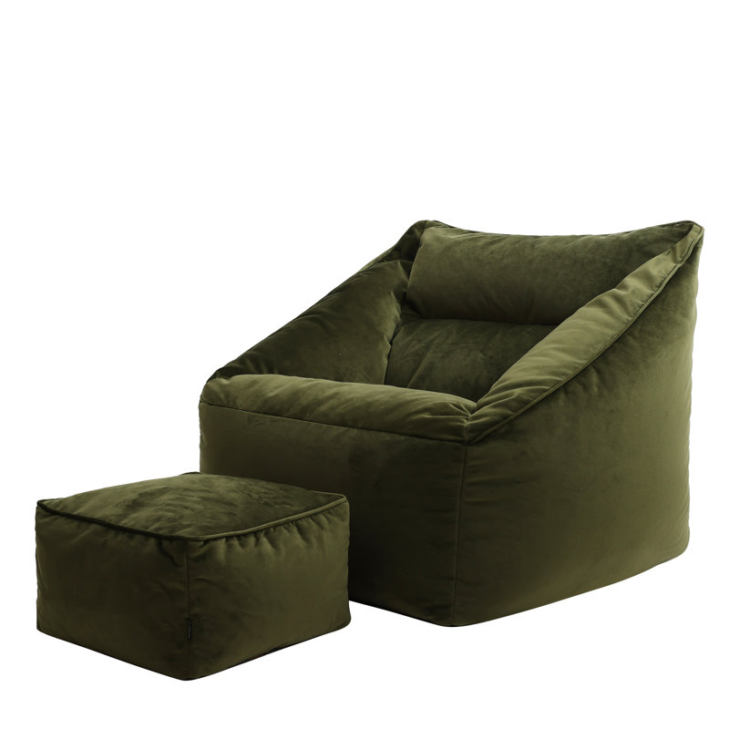 Natalia Velvet Armchair Bean Bag and Square Footstool, Olive Green