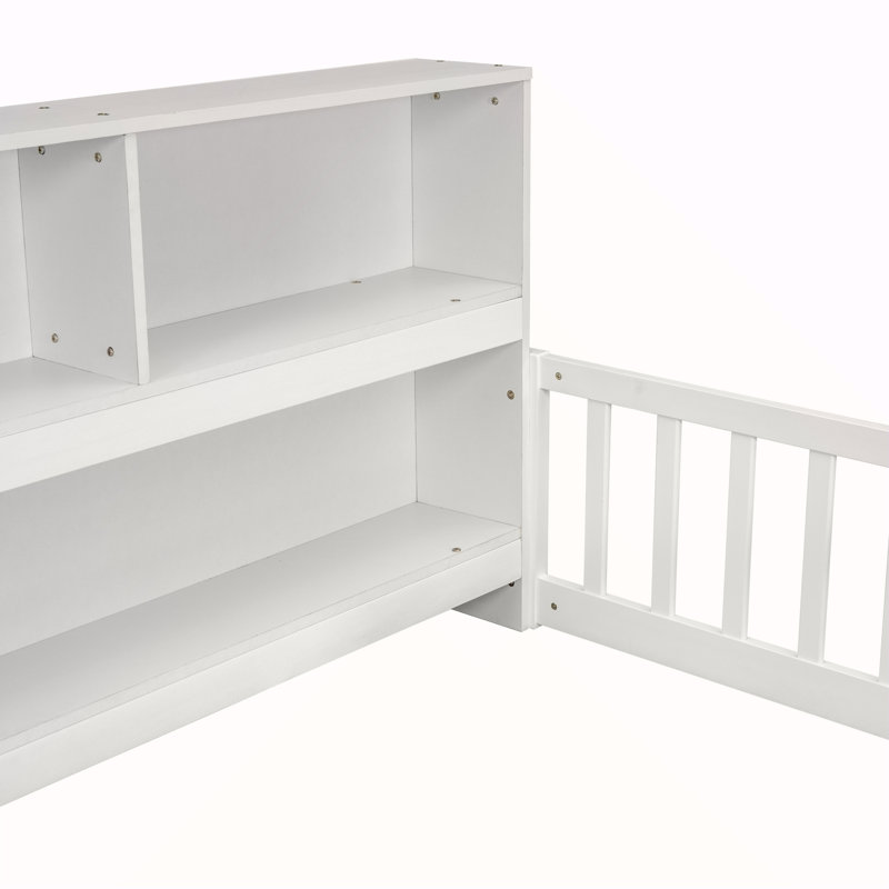 Lit simple au sol avec bibliothèque de chevet, tablettes, garde-corps, blanc, 31.3" H x 48.3" W x 78.2" D, White