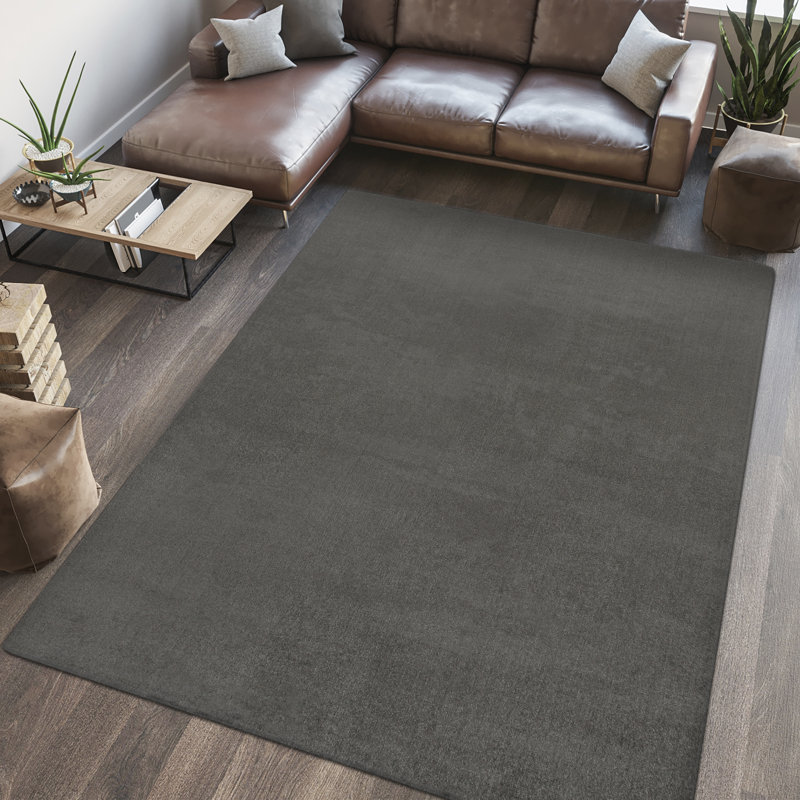 Bertraut Classic Solid Low-Pile Machine-Washable Dark Gray Rug, Rectangle 5'3" x 7'7"
