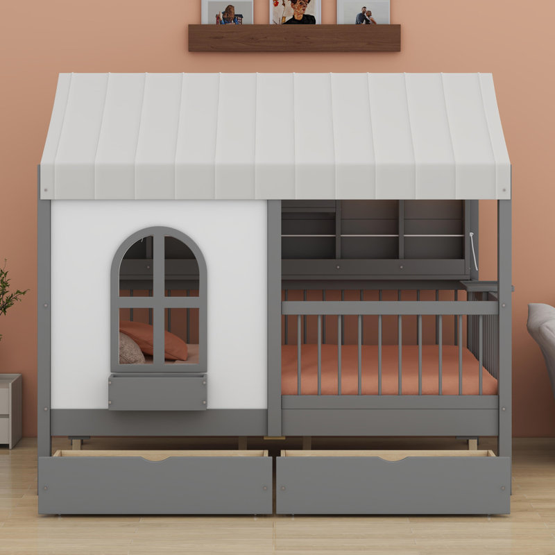 Lit maison avec grands tiroirs, Gris