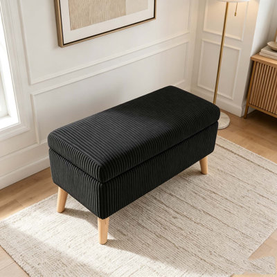 Banc de rangement en velours côtelé beige 32 pouces de large avec pieds en bois, boîte de rangement rabattable