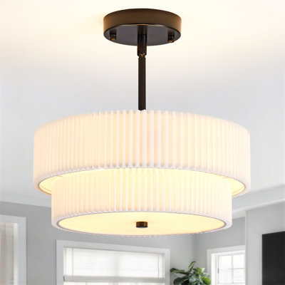 Plafonnier semi-encastré moderne bohème noir de 32 cm avec abat-jour en tissu plissé, lustre à double tambour à 3 lumières pour salle à manger et cuisine