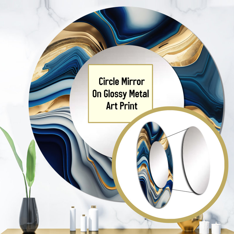 Soll Vibrant Blue And Gold Agate II - Transitional Mirror, Modern Round Unique Wall Mirror, Printed Metal Art, 36" x 36"
