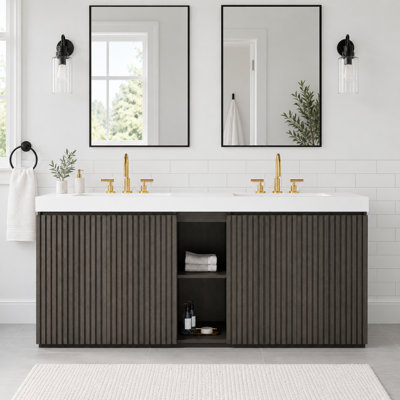  72" Modern Freestanding Double Bathroom Vanity with White Integrated Sinks and Fluted Smoked Oak Cabinet
