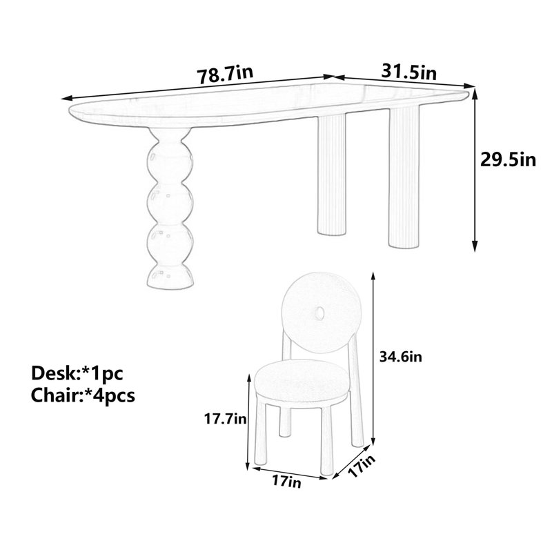 Table de salle à manger en bois crème, H 29,5 po x L 78,7 po x l 31,5 po