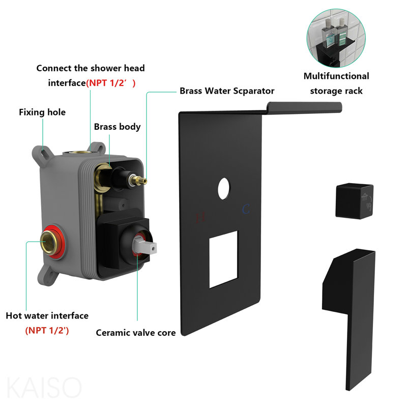 Système de douche à pluie avec support de rangement pour robinet de douche 10 pouces noir mat avec pomme de douche carrée