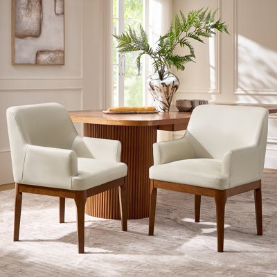  Chaise de salle à manger de style Mid-Century moderne en cuir avec pieds en bois massif Stanley (ensemble de 2)
