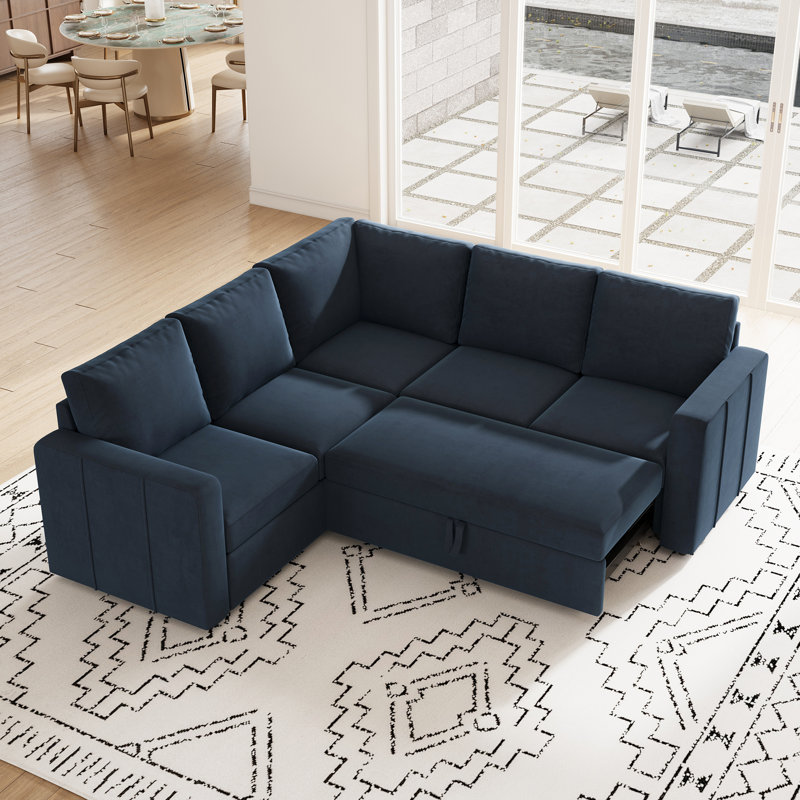 Aubade Storage L-Shaped Modular Sofa Set With Pull-Out Sofa Bed, Blue Velvet