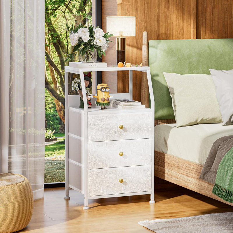 Commode pour chambre à coucher, commode blanche en tissu et commode à 3 tiroirs et tablette Edgeley
