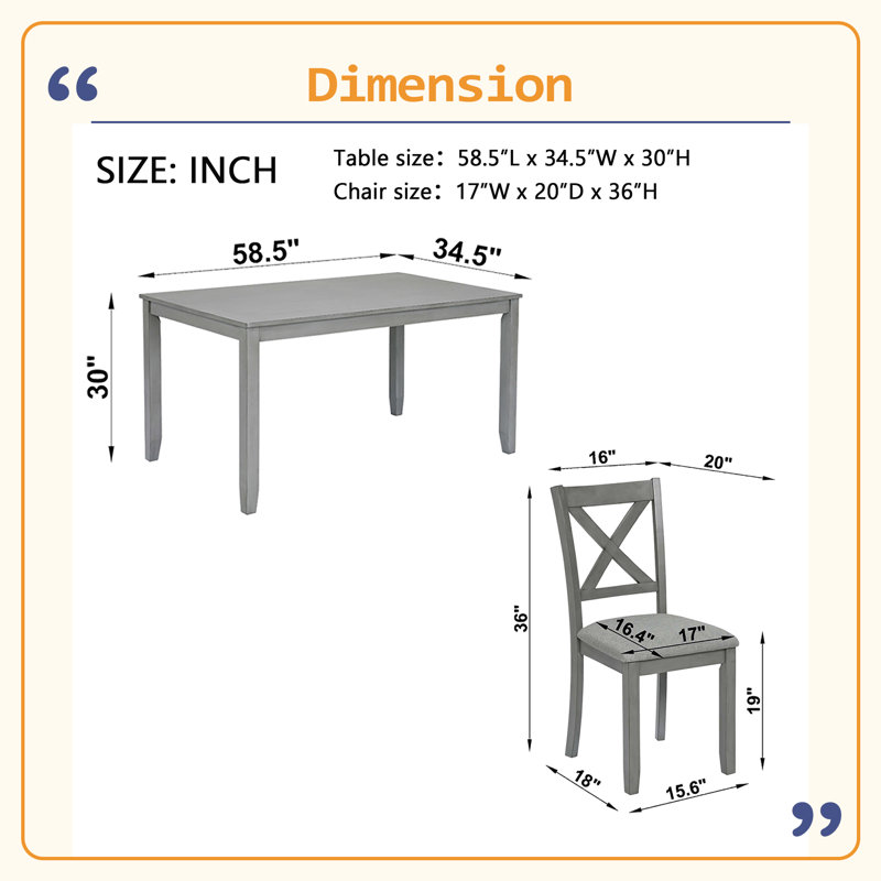 Ensemble de table de salle à manger et de chaises en bois massif 7 pièces Sturdy Structure, table moderne de 58,5 pouces avec 6 chaises rembourrées (style X-Back) pour la cuisine