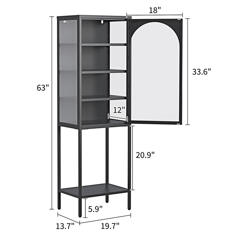 Black Metal and Glass 5-Tier Adjustable Bookshelf Cabinet
