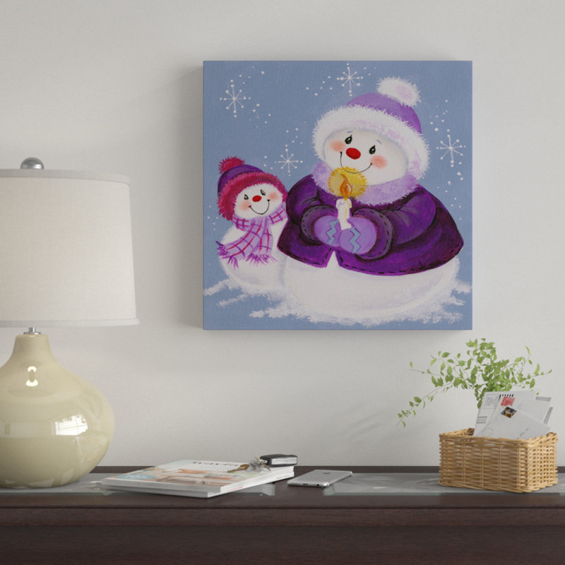 Art sur toile, "bonhommes de neige en mauve avec bougie", H 14 po x l 14 po x P 2 po