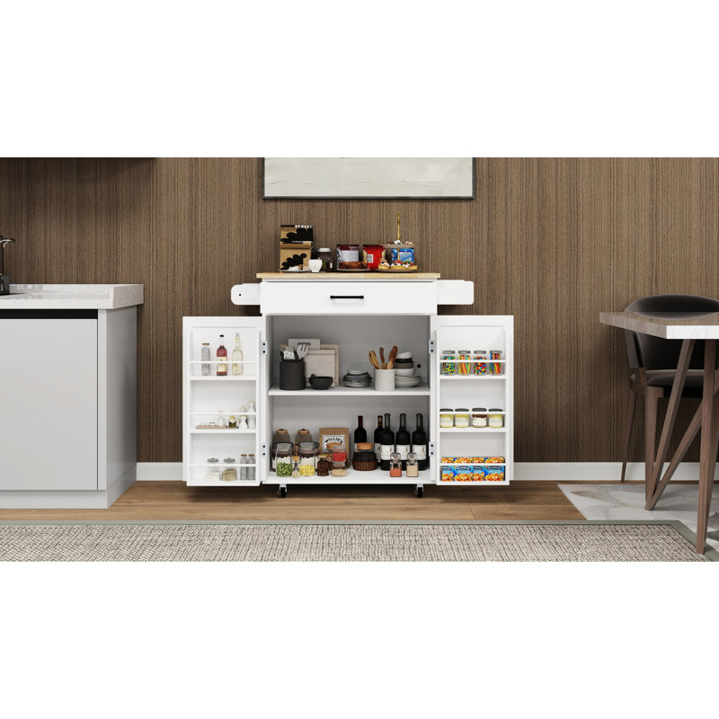 Chariot d'îlot de cuisine blanc avec tiroir, portes, rangement, tablettes réglables, serviette et assaisonnement - Qualité roulante