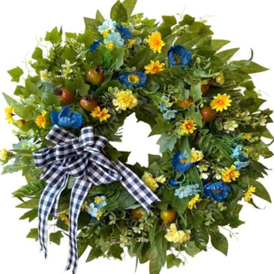 Couronne d'été bleue et jaune de 61 cm (24 po) pour porte d'entrée, décoration toutes saisons | Couronne florale bleue et jaune avec grenades et marguerites, 61 cm (24 pouces), décoration intérieure/extérieure de style champêtre pour le printemps, l'été et l'automne