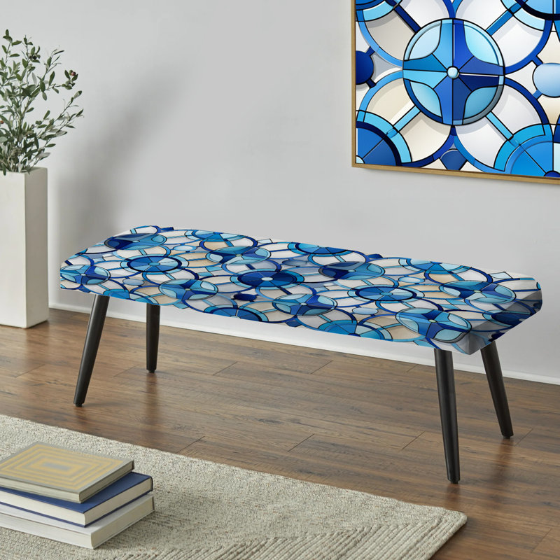 Carreaux floraux à motif de treillis bleu et blanc - Banc noir rembourré géométrique