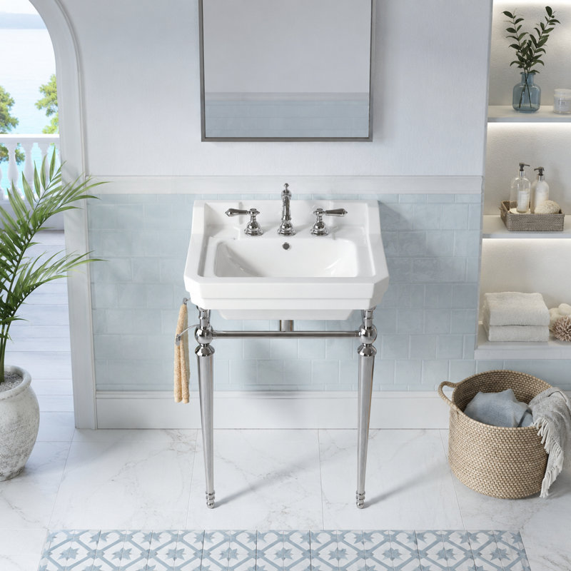 Ensemble de meuble-lavabo autoportant en céramique avec support en métal argenté et barre à serviettes latérale, Chrome