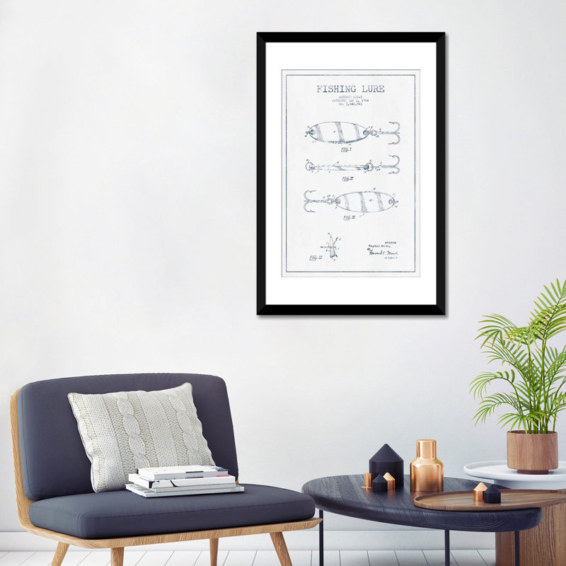 " Raymond McVay Fishing Lure Patent Sketch (Ink) III " by Aged Pixel, 24" H x 16" W x 1" D, Black Framed Fine Art Paper