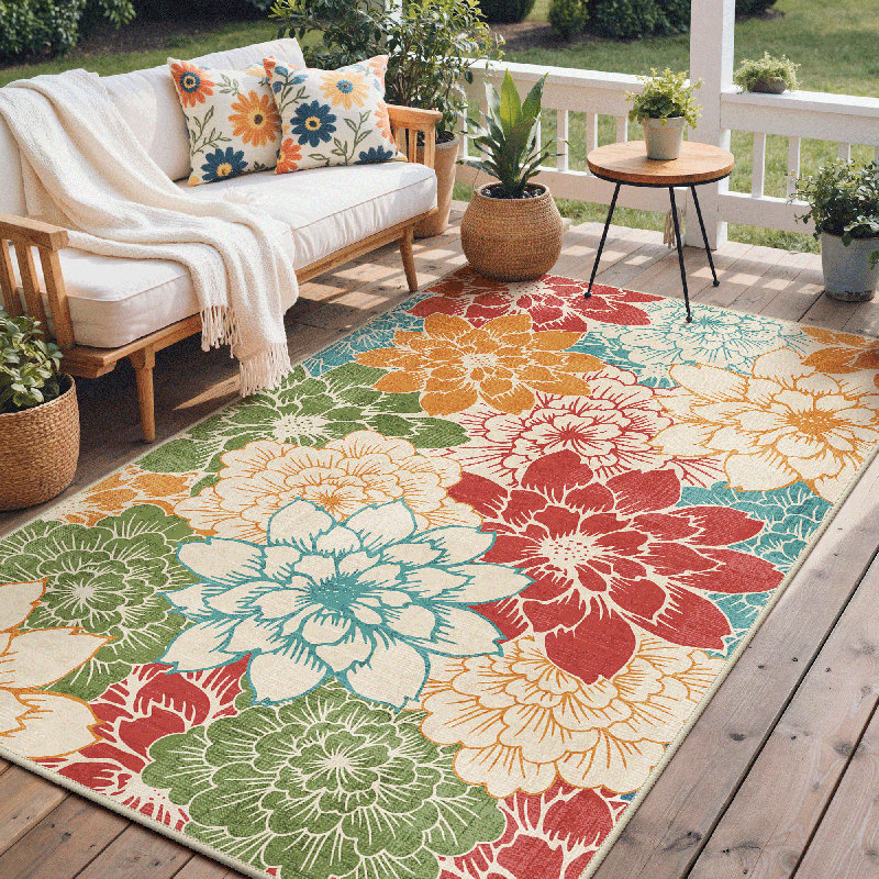 Modern Dahlia Floral Weather Resistant Indoor / Outdoor Cushioned Area Rug, Rectangle 4' x 6'