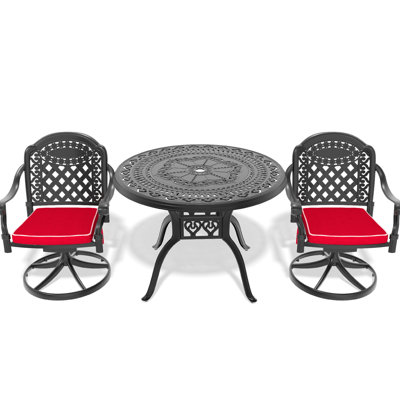 3 salles à manger en fonte d'aluminium toutes saisons, 2 chaises pivotantes et une table ronde de 39,37 po, noire, moulée par corrosion et belle pour l'extérieur, cadre noir, plateau de table relaxant