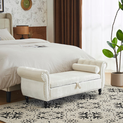 Banc repose-pieds rectangulaire en velours avec rangement et 1 coussin décoratif