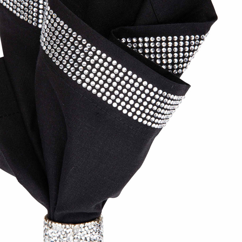 Sparkles Home | Ensemble de serviette à rayures Rhinestone | Carré 20 po | Mélange de coton et lin | Ensemble de 2, Noir