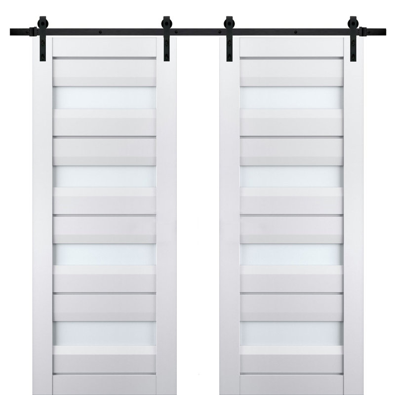 Porte de grange double robuste avec verre dépoli Veregio 7455 Blanc Soie, supports de rail de 4 m (13 pi), portes intérieures à panneaux pleins et lourds - 183 cm x 244 cm (72 po x 96 po) (2 x 91 cm x 244 cm) - Rail noir