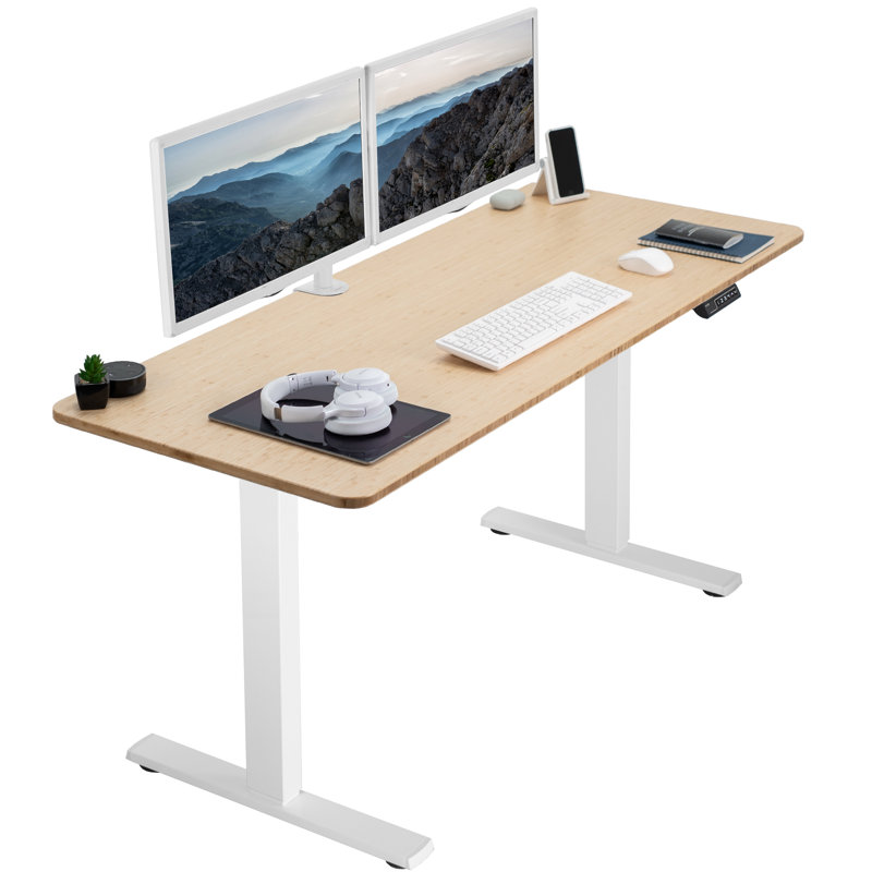 VIVO Single Motor Electric Desk with Push Button Memory Controller, 48.5" H x 60" W x 24" D, Light Wood/White
