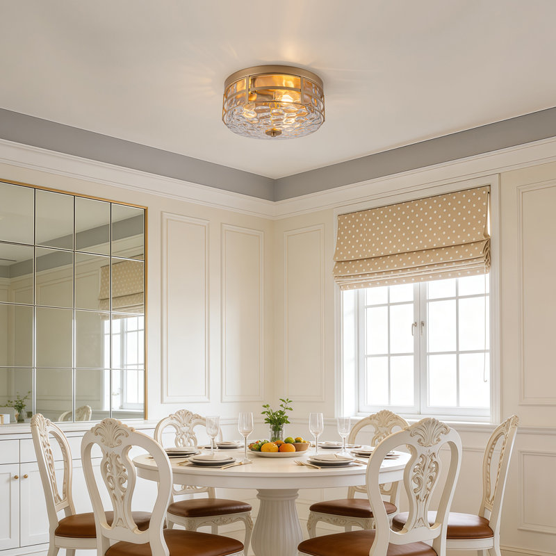 3-Light Flush Mount Ceiling Light With Clear Hammered Glass Shade And Metal, Gold