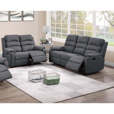 Ensemble de salon moderne 2 pièces 1 x canapé 1 x causeuse avec accoudoirs et dossier rembourrés capitonnés à la verticale gris foncé mobilier de salon principal