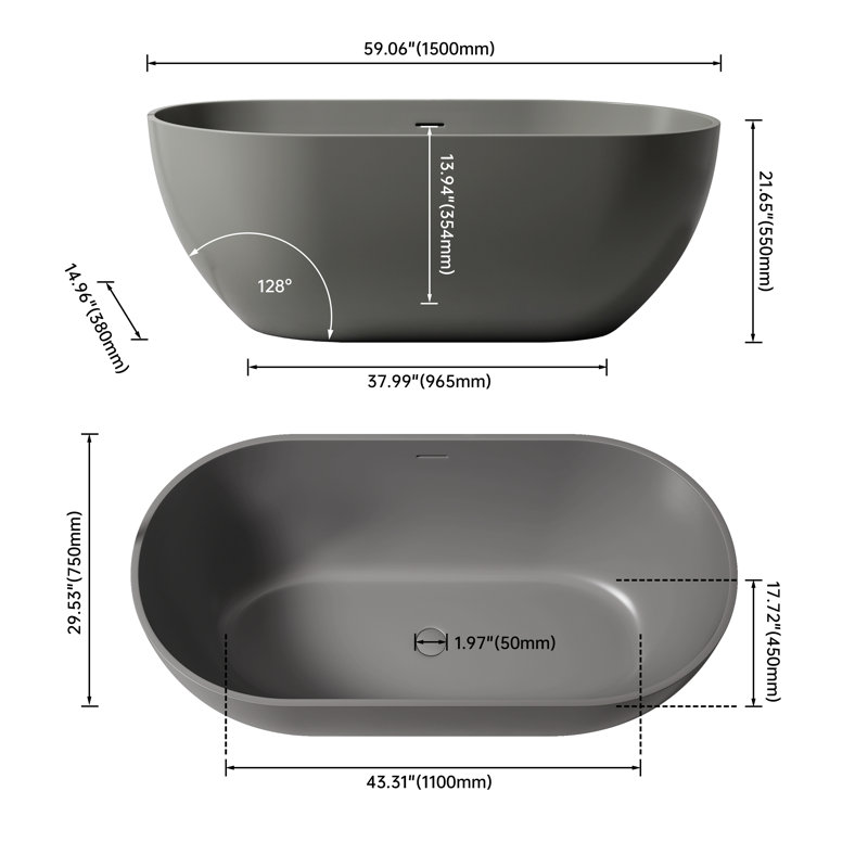 Baignoire de trempage à surface solide - Baignoire profonde autoportante, Gris