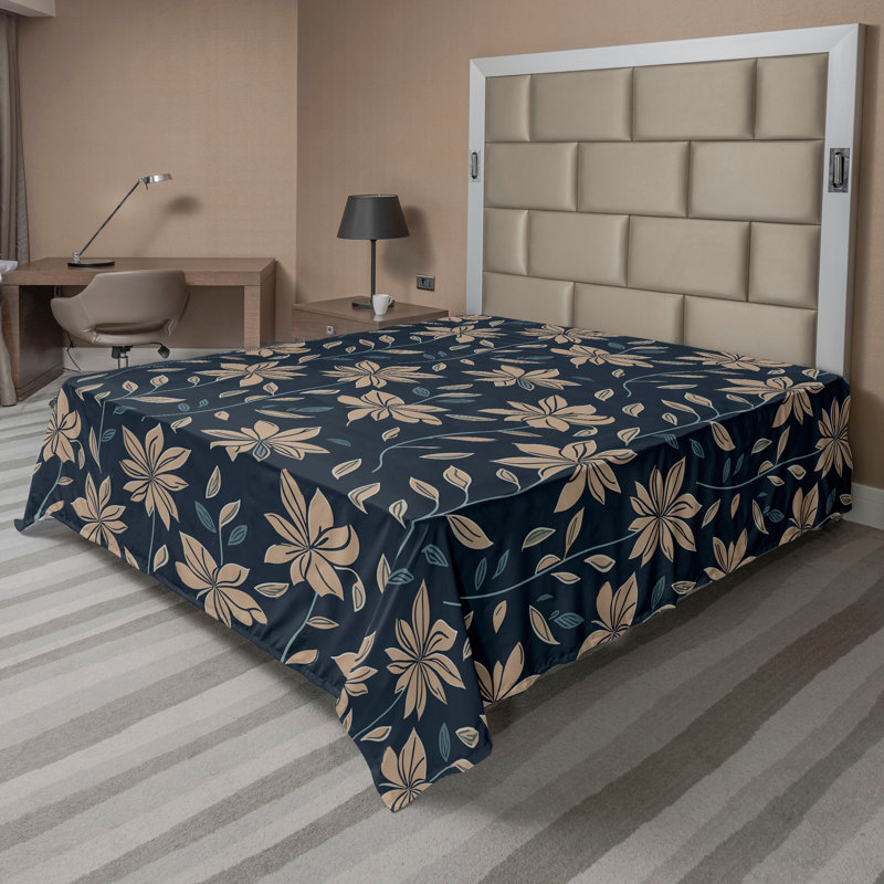 Floral Flat Sheet, Dark Indigo and Pale Taupe