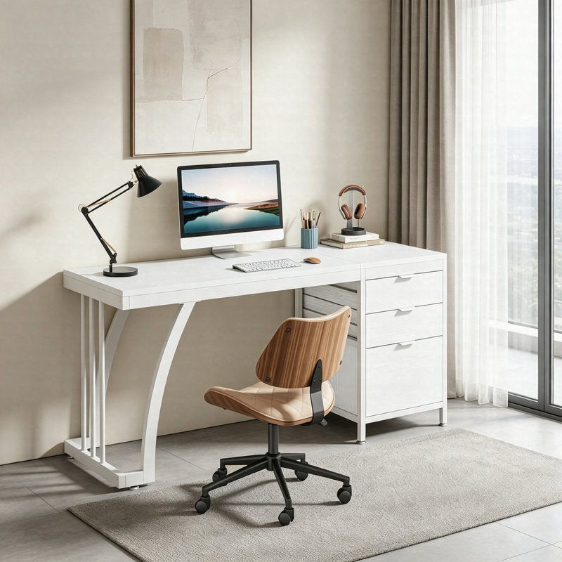 Industrial Computer Desk 59", Study Desk With Reversible Drawer Cabinet And File Storage, White