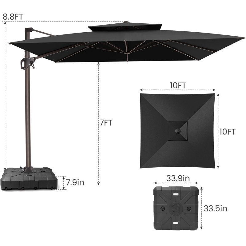 10' Square Double Top Patio Cantilever Umbrella, Weighted Base Included, Noir, noir, noir, noir
