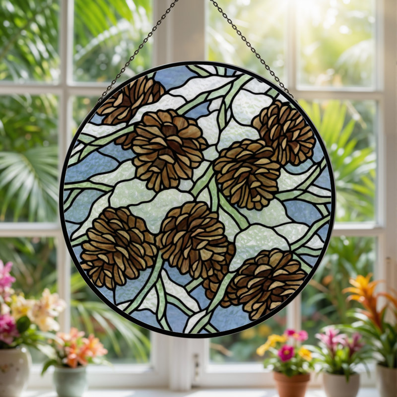 7.8"H Pinecone Snow Stained Glass Window Panel, 7.8" H x 7.8" W
