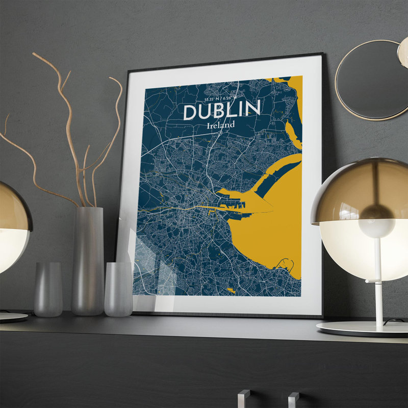 «Dublin City Map», impression de luxe, H 24 po x l 18 po, Bleu / Jaune