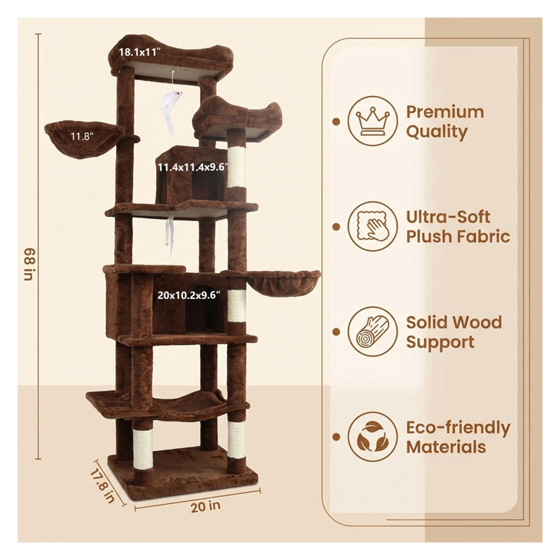 Arbre à chat multiniveaux de 173 cm de hauteur avec hamacs, panier suspendu et grotte - Tour autoportante en peluche marron pour chats d'intérieur