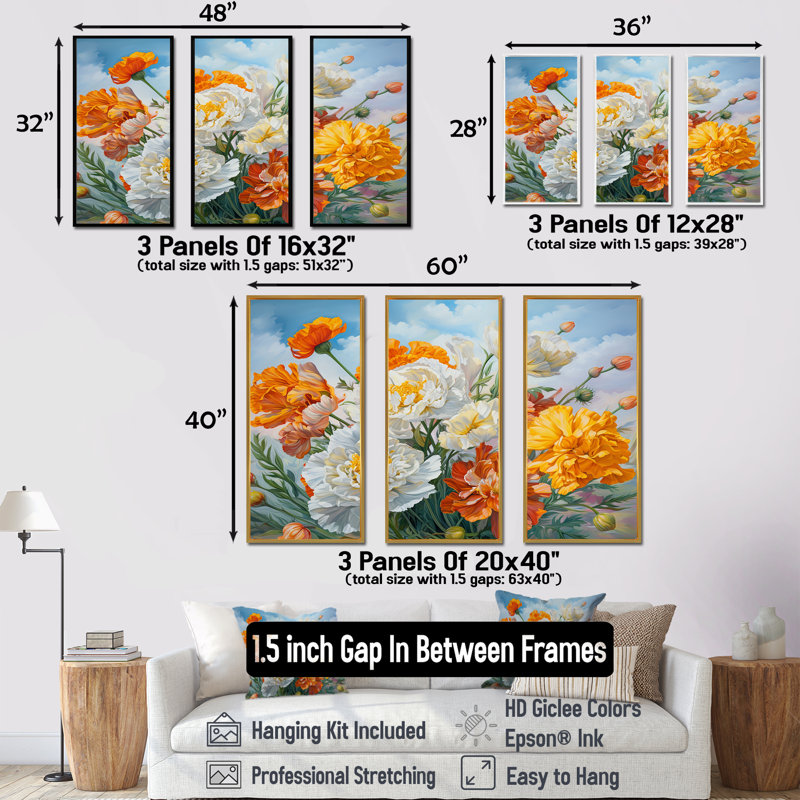 Ensemble de décorations murales jaune discret - fleurs, Cadre flottant blanc, H 28 po x l 36 po x P 1 po