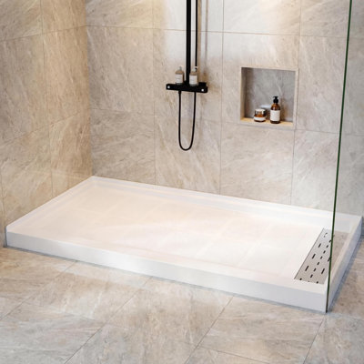 Shower Pan 60" x 36", Non-Slip Shower Base with Right Drain & 3-Sided Splash Guard, Includes 304 Stainless Steel Long Drain Cover & Drain Assembly for Bathroom Floor