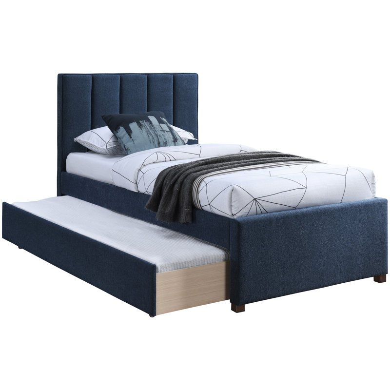 Lit plateforme simple Harper Sav, Tissu texturé en lin bleu marine