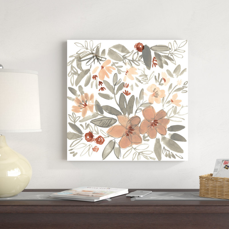 «Peach and Rust Blooms II» par Jennifer Goldberger - peinture sur toile tendue, H 20 po x l 20 po