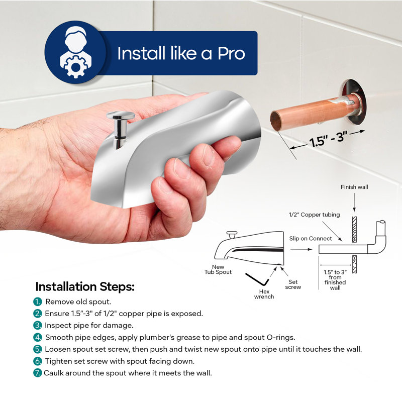 SUPPLYGIANT Tub Spout 1/2" FIP Nose Thread Slip On Bathtub Faucet with Diverter Chrome Plated Finish, Diverter