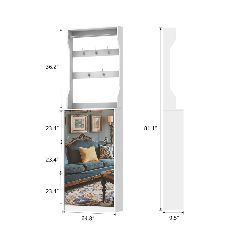 Tall Mirror Shoe Cabinet with 3 Flip-Drawers, Hooks & Hanging Rod - Space-Saving Entryway Storage