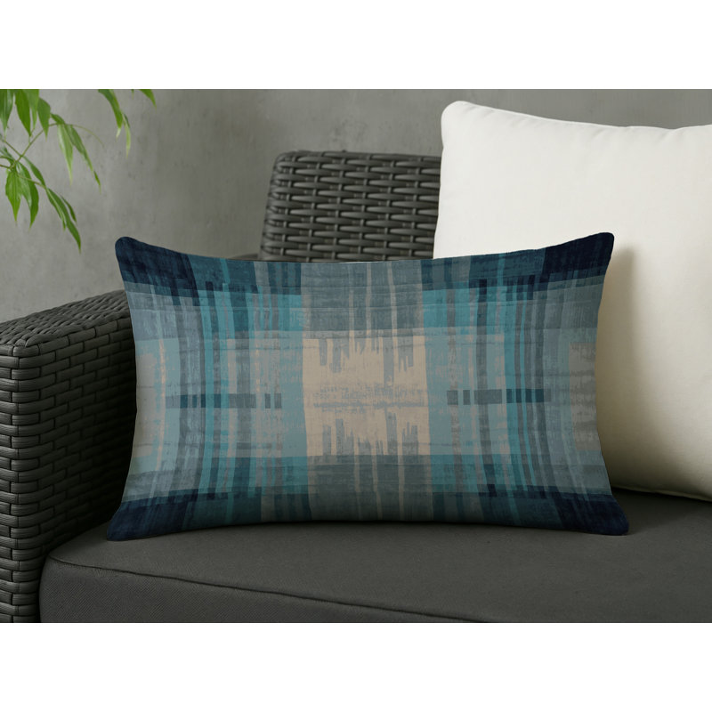 Coussin décoratif intérieur et extérieur Modern, Gris / bleu / bleu sarcelle abstrait, Rectangle H 25 po x l 18 po