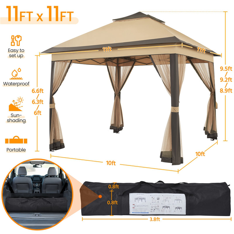 11×11 FT Pop-Up Gazebo Tent with 4 Mesh Sidewalls