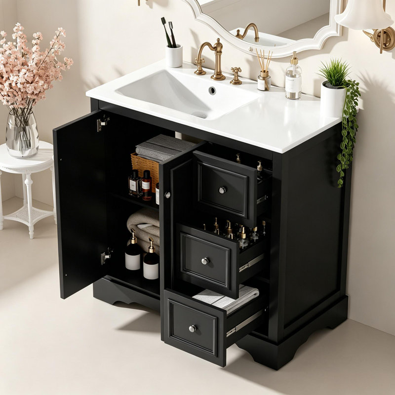 Meuble-lavabo autoportant de 36 po avec lavabo en céramique, 2 portes, 1 tablette réglable, 3 tiroirs