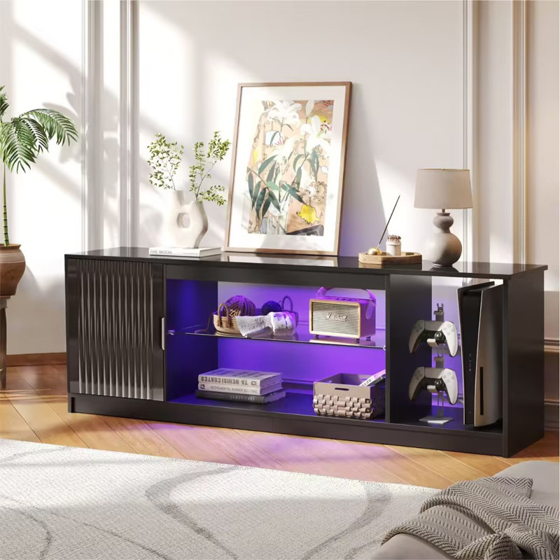 Labelle 57" W LED Lighted TV Stand with Fluted Doors, Black